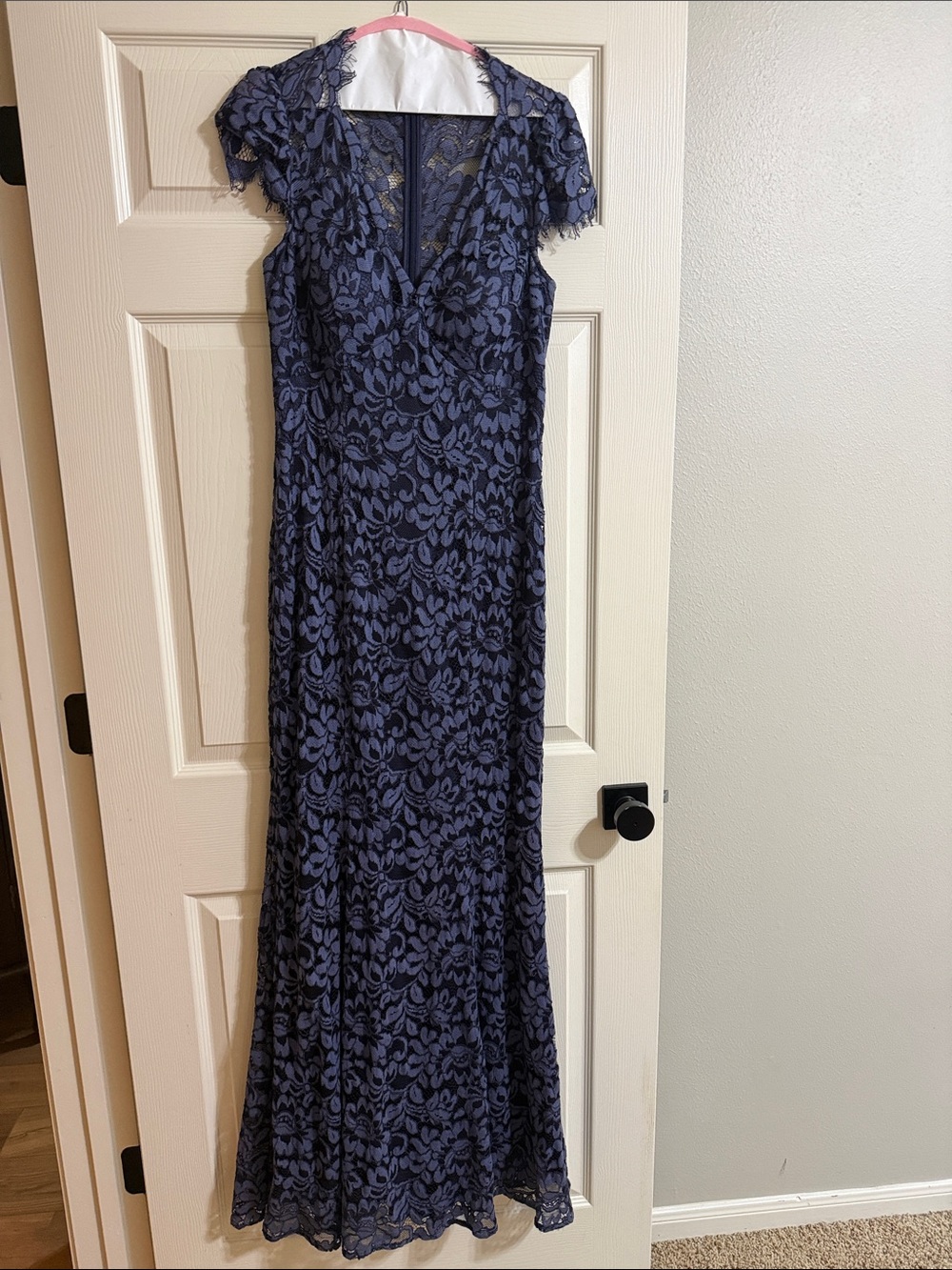 Eliza J Navy Floral Lace V-Neck Evening Gown